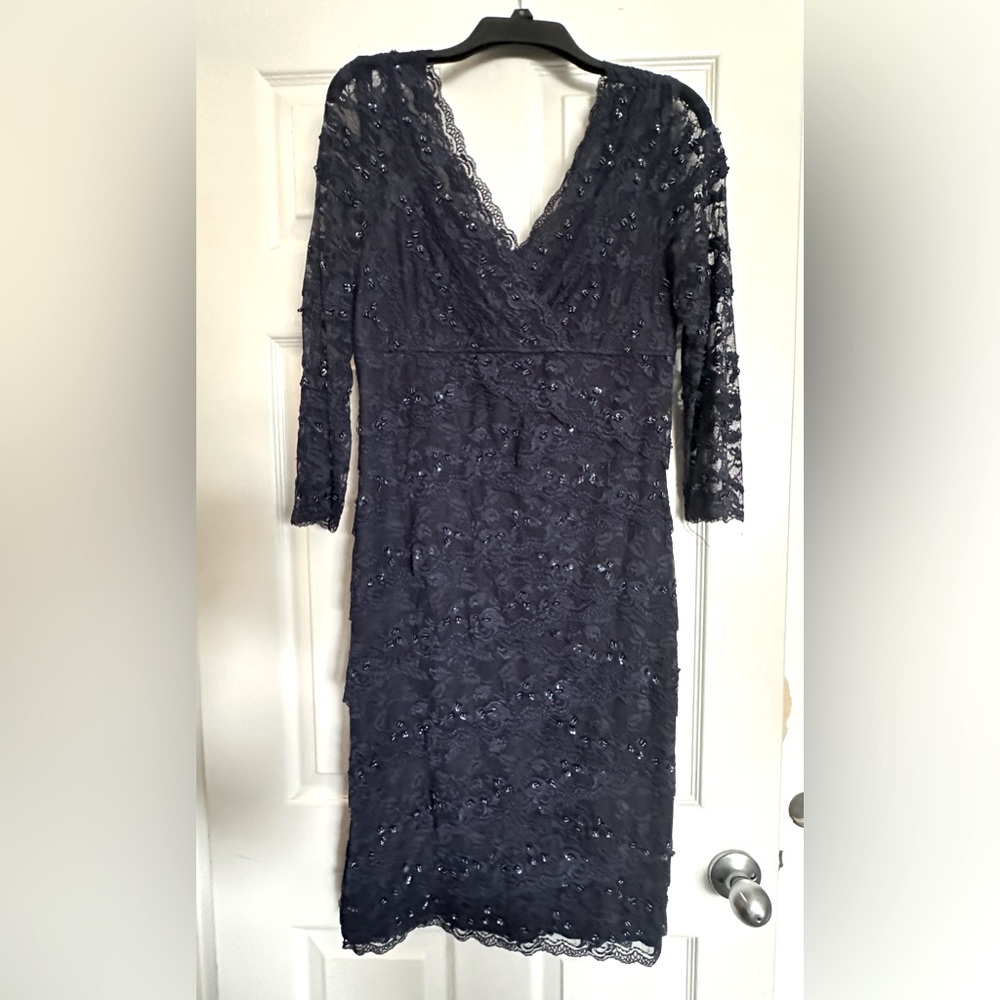 Navy blue women’s formal cocktail dress, sequins with lace, lightly worn